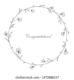 Hand-drawing flower wreath. Vector round frame