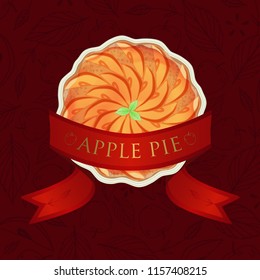 Hand-drawing fresh baked apple pie with red satin ribbon. Dessert with apple pieces, mint and caramel on red pattern background. Text apple pie. Pie icon. 3d vector illustration.