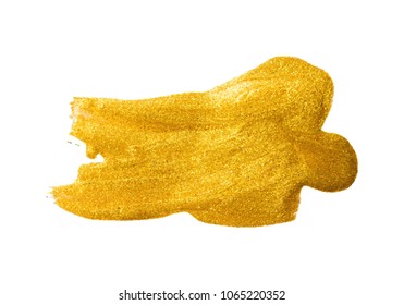 Hand-drawing gold brush stroke paint spot on a white background. Beautiful graphic element for your design.
