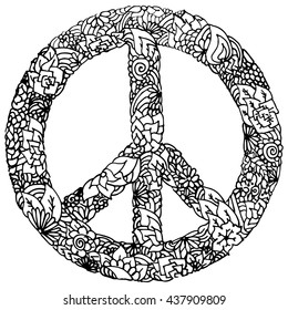 Hand-drawing Graphics Peace Sign. In The Style Of A Floral Pattern. Vector