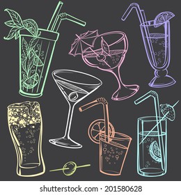 Hand-drawing Icons of Alcoholic Drinks Glasses stylized in Chalk-draft