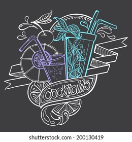 Hand-drawing Illustration Cocktails stylized in Chalk-draft