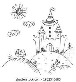 Hand-drawing illustration of a fairytale castle. Outline palace for coloring book. Doodle style