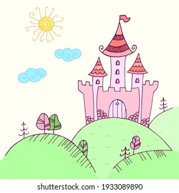 Hand-drawing illustration of a fairytale castle. The Palace for princess  in  Doodle style