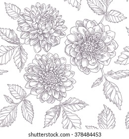 Hand-drawing ink dahlia. Seamless pattern. Vector graphic flowers on white background.  Background for cards, invitations, wrapping paper.