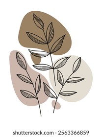 Hand-Drawing Leaves and branches in black line art with Abstract Stones.Vector illustration