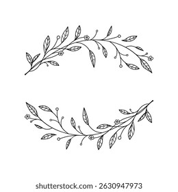 hand-drawing leaves, branches, vector floral frames, design elements for logos, decorating postcards, and wedding invitations. 