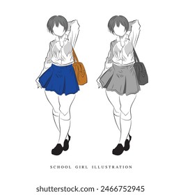 Hand-drawing line art, A girl standing with bag, An illustration of school girl