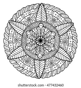 Hand-drawing mandala, round floral ornament. Pattern for coloring book or print for cloth. Vector stock illustration.