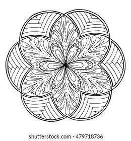 Hand-drawing mandala, round floral ornament. Pattern for coloring book or print for cloth. Vector stock illustration.