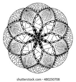 Hand-drawing mandala, round floral ornament. Pattern for coloring book or print for cloth. Vector stock illustration.