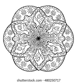 Hand-drawing mandala, round floral ornament. Pattern for coloring book or print for cloth. Vector stock illustration.