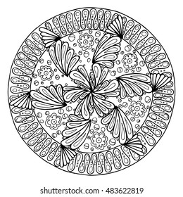 Hand-drawing mandala, round floral ornament. Pattern for coloring book or print for cloth. Vector stock illustration.