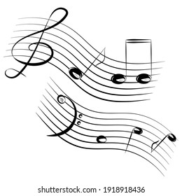 Hand-drawing of musical lines with bass and treble clefs and notes isolated on white background. Vector