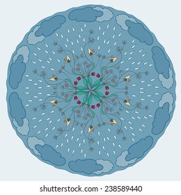 hand-drawing ornamental abstract background with flowers, birds, raindrops and clouds on blue cover for use in design