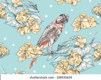Hand-drawing parrot sitting on branch with flower seamless pattern