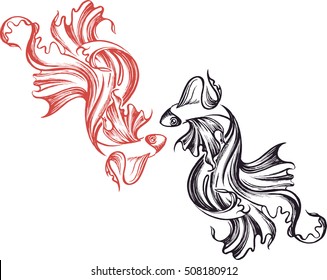 Hand-drawing pattern with two fishes. Vector illustration. Line-art ink style. Ideal for tattoo, cards, banners, flyers, calendars. The element style for tattoo salons, spa.