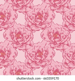 Hand-drawing peonies. Vector graphic flowers. Decorative background for cards, invitations. Template greeting card.