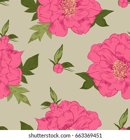 Hand-drawing peonies. Vector graphic flowers. Decorative background for cards, invitations. Template greeting card.