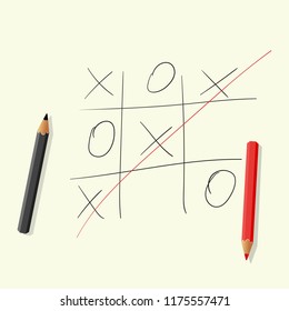 Hand-drawing, playing TIC TAC toe on paper with pencils. Vector illustration isolated on light background.