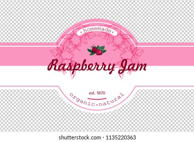 Hand-drawing raspberry jam packing label design. Raspberry logo design element for packaging fruit jam. Isolated vector illustration