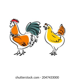 Hand-drawing rooster and chicken. Cute farm birds. Vector illustration