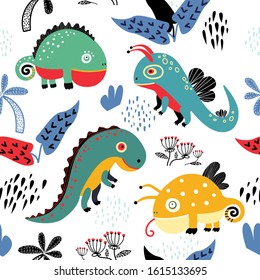 Hand-drawing seamless pattern with cute dinosaurs, palm trees, flowers, tropical leaves, grass. The drawing is suitable for children's fabrics, textiles, children's wallpaper.
