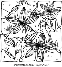 Hand-drawing seamless pattern with flower lily and dragonfly on white background.