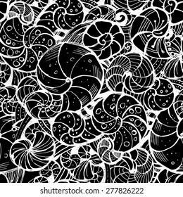 Hand-drawing Seamless pattern of seashells.Outline drawing. Black and white image.