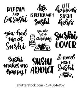 The hand-drawing set of 9 inscriptions about Sushi. Vector image isolated on white background. It can be used for cards, brochures, poster, menu etc.