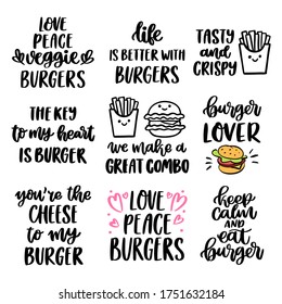 The hand-drawing set of 9 inscriptions about burgers and french fries. Vector image isolated on white background. Brush lettering style. It can be used for card, brochures, poster etc. 