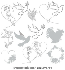 Hand-drawing silhouette background collection. Vector doves, flowers with hearts. Element for design.
