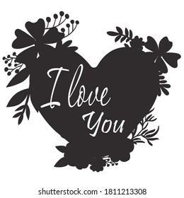 Hand-drawing silhouette background. Vector heart with flowers. Element for design.