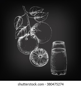 Hand-drawing of sketch glass with fresh orange juice on blackboard background for design