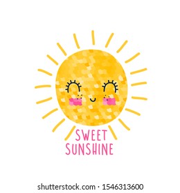 Hand-drawing sweet sun with sequins texture vector.