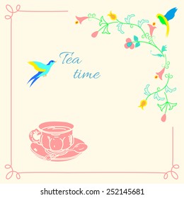 Hand-drawing tea cup and frame with fabulous flowers and birds