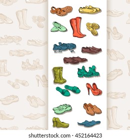 Hand-drawing types of different footwear.  Male and female shoes sketches, sandals, boots, moccasins, rubber boots and else. Vector illustration on seamless background.