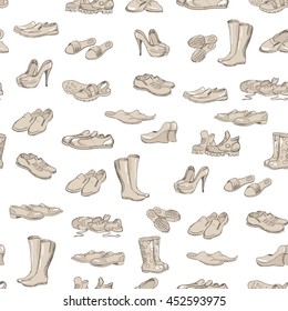 Hand-drawing types of different footwear. Sketches of footwear, male and female shoes, sandals, boots, moccasins, rubber boots and else. Vector illustration.