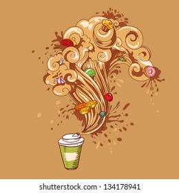 Hand-drawing vector concept. Coffee cup with waves of aroma and power effect with all one's might.
