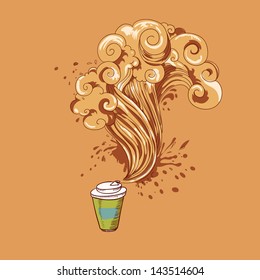 Hand-drawing vector concept. Coffee cup with waves of power.