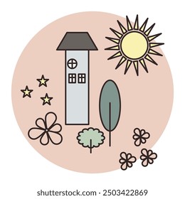 Handdrawing vector illustration on retro style for card, t-shirts, posters, etc. Yellow, green, white, pink. House, tree, flowers, sun, stars on circle shape. Ethnic style ornament.