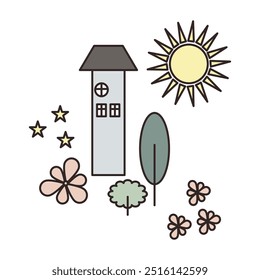 Handdrawing vector illustration on retro style for card, t-shirts, posters, etc. Yellow, green, white, pink. House, tree, flowers, sun on square shape. Ethnic style ornament.