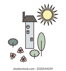 Handdrawing vector illustration on retro style for card, t-shirts, posters, etc. Yellow, green, white, pink. House, tree, flowers, moon on square shape. Ethnic style ornament.