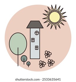 Handdrawing vector illustration on retro style for card, t-shirts, posters, etc. Yellow, green, white, pink. House, tree, flowers, sun on pink circle shape. Ethnic style ornament.