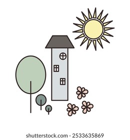 Handdrawing vector illustration on retro style for card, t-shirts, posters, etc. Yellow, green, white, pink. House, tree, flowers, sun on white square shape. Ethnic style ornament.