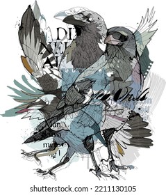 Dibujo manual Vectorimagen aislada en fondo blanco. La imagen muestra a una multitud de cuervos.