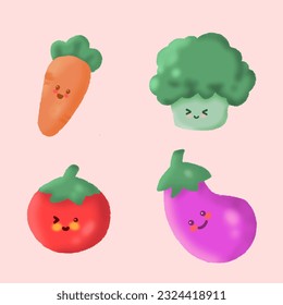 Handdrawing Vegetable Brocoli Eggplant Tomato Carrot Illustration Mascot Crayon