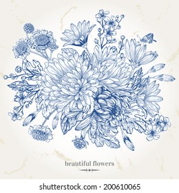 Hand-drawing vintage card with a bouquet of blue flowers. Vector illustration. Graphics.