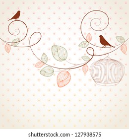 Hand-drawing vintage floral background with flower buds and bird. Element for design. Vector illustration.