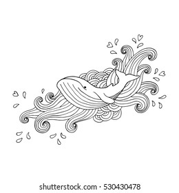 Hand-drawing whale in abstract waves on white background. Vector illustration